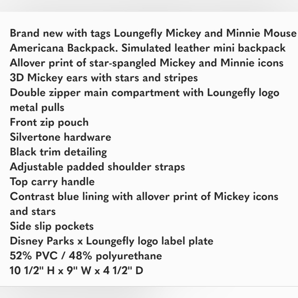 ✨️💙 Disney PARKS unisex Loungefly Mickey + Minnie Mouse Americana Backpack ✨️❤️ - Picture 10 of 13